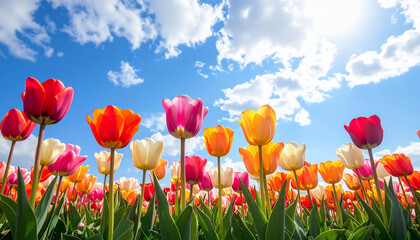 Colorful Tulip Field Under Blue Sky