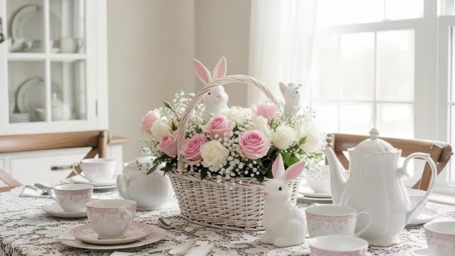 Easter Table Setting: An elegant Easter table setting adorned with a floral basket centerpiece, delicate china, and charming bunny figurines creates a festive atmosphere of spring.