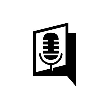 Black and white logo featuring a vintage microphone inside a stylized speech bubble or open book, representing audio content or podcasting.