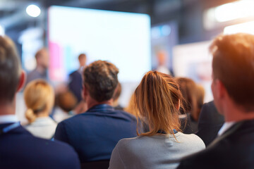 Close up of a Group of people attend corporate event. Female Audience watches projection screen with sustainability presentation . Professionals learn in classroom setting. Teamwork, education, strate