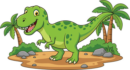 Cute cartoon dinosaur tyrannosaurus rex character, smiling prehistoric animal illustration for kids children mascot design vector isolated white background art © Rokeya