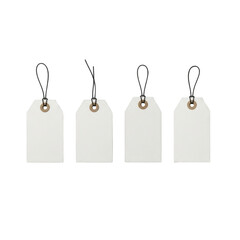 Four white blank price tags attached with string for retail and inventory management transparent background