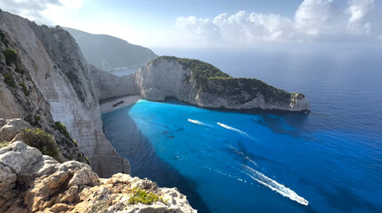 Stunning view of turquoise waters and cliffs at Zakynthos in Greece during a sunny day