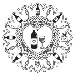 Romantic wine and heart mandala for coloring, featuring bottles and glasses