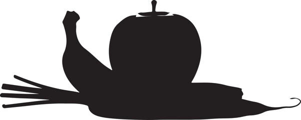 Minimalist Black Fruit Snail Silhouette with Apple Shell and Banana Body Vector © 爱心