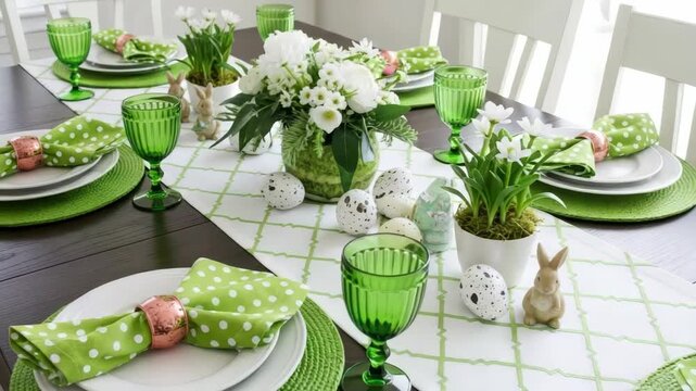 Spring Table Setting: A captivating Easter table setting, adorned with fresh flowers, elegant green glassware, and festive Easter eggs, radiating a sense of renewal and celebration.