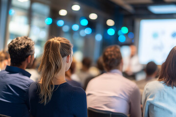 Close up of a Group of people attend corporate event. Female Audience watches projection screen with sustainability presentation . Professionals learn in classroom setting. Teamwork, education, strate