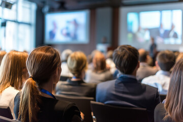 Close up of a Group of people attend corporate event. Female Audience watches projection screen with sustainability presentation . Professionals learn in classroom setting. Teamwork, education, strate