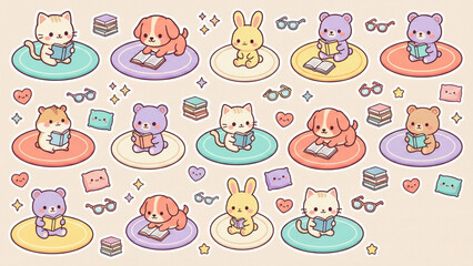 Fototapeta premium Adorable Kawaii Animals Reading Books on Cozy Rugs, Studying and Learning