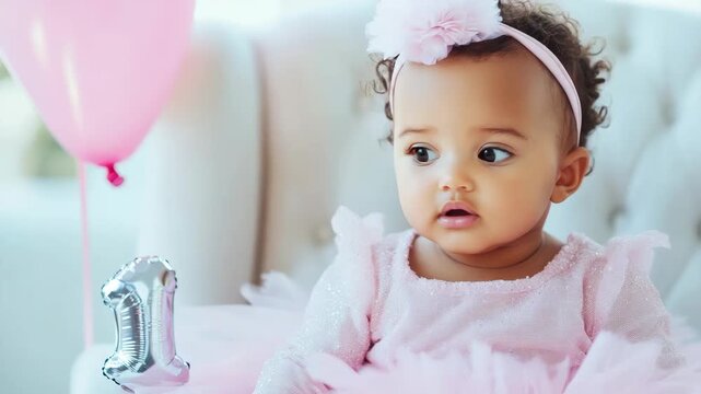 First Birthday: A charming toddler, adorned in a delicate pink dress, gazes with innocent wonder, a '1' balloon marking the precious milestone of her first birthday. 