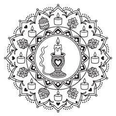 An intricate mandala design featuring a central candle surrounded by flames and floral patterns