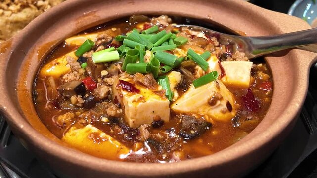 Spicy mapo tofu in clay pot with garnish
