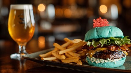 Turquoise burger with fries and beer