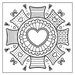 A beautiful heart mandala design surrounded by decorative pillows and charming love motifs for coloring