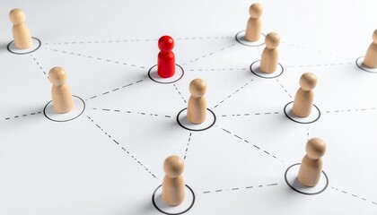 Central red wooden figure connected by a network of dotted lines to surrounding natural wood figures on a white surface