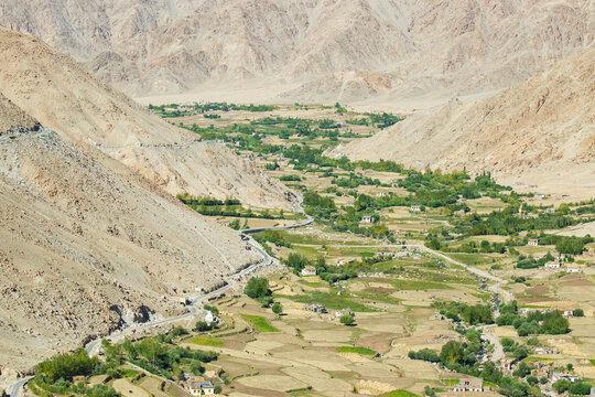 Green agricultural land amongst barren mountains of Leh, Ladakh - image shot from Changla pass. Leh, Jammu and Kashmir, India
