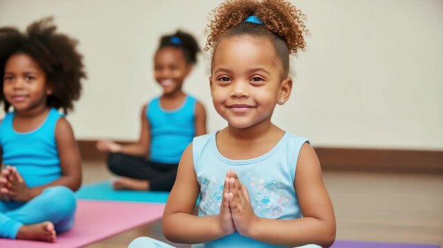 Mindful Little Yogis: A charming gathering of young children, radiating joy and serenity as they practice yoga, fostering wellness and mindfulness.
