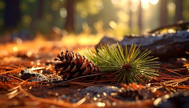 Pine cones and needles scattered on the forest floor bathed in warm, golden sunlight.