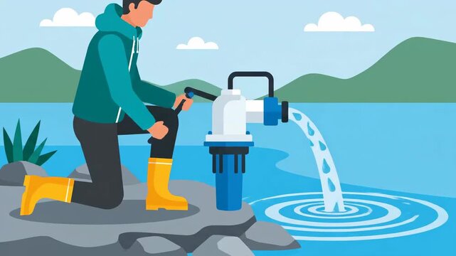 Purifying And Filtering Lake Water Utilizing A Manual Pump To Create Clean Resources