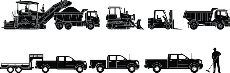 Road construction machinery silhouettes set featuring asphalt paver, dump trucks, loaders, pickup vehicles and worker for infrastructure engineering projects © MstHalima