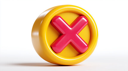 Obraz premium A glossy yellow circular button features a bold red X, symbolizing close or cancel. This playful, modern 3D icon is ideal for UI, app interfaces, and design accents.