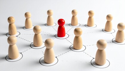 Central red wooden figure connected by a network of dotted lines to surrounding natural wood figures on a white surface