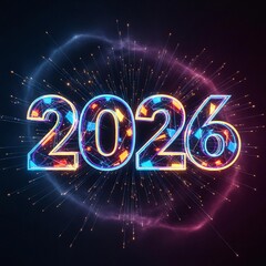 Dynamic glowing 2026 sign with abstract neon particle explosion.