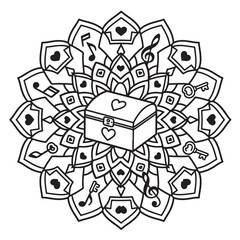 Romantic treasure chest mandala with musical notes and keys for coloring