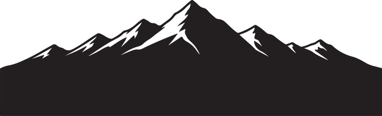 Black and White Stylized Mountain Range Vector Silhouette with Snowy Peaks Isolated
