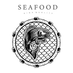Salmon jumping vector emblem with fishing net background isolated on white. Design of label for canned fish and seafood [Converted].ai