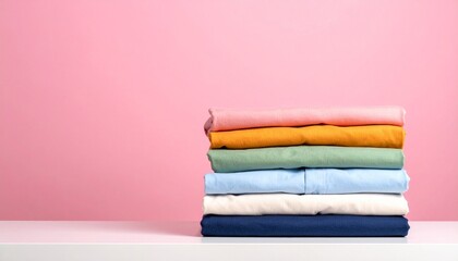 Neatly folded stack of colorful pastel clothes topped with a bright yellow flower against a pink background