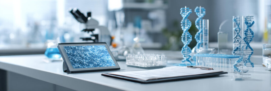 Detailed scientific laboratory desk with blue dna helix model, digital tablet showing data and microscope for medical research innovation and biotechnology concept, futuristic biology development - Powered by Adobe