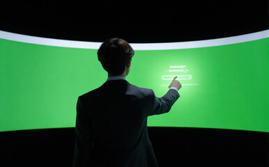 Rear view of professional businessman touching large curved green screen for chroma key compositing while working on virtual interface in dark studio space with focused and innovative expression