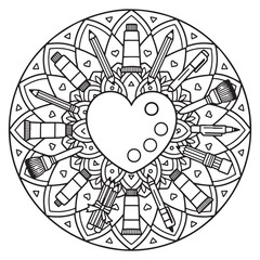 Artistic heart mandala with various art supplies for a creative coloring experience