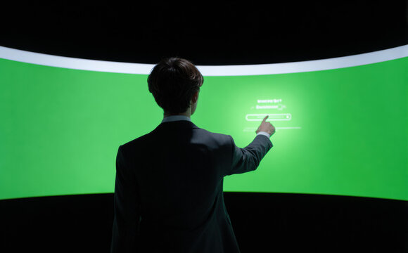 Rear view of professional businessman touching large curved green screen for chroma key compositing while working on virtual interface in dark studio space with focused and innovative expression - Powered by Adobe