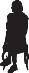 vector,front view of a silhouette of a woman sitting on chair with her head covered and casual clothes, cross legged and looking away
