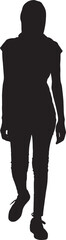 vector,front view of a silhouette of a woman walking with her head covered and casual clothes,