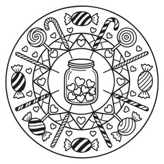 Sweet treat mandala featuring a jar of hearts and assorted candies for coloring