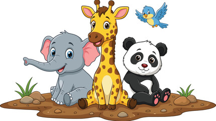 Cute cartoon safari animals elephant giraffe panda and bird sitting together isolated on white background kids illustration mascot vector art © Rokeya