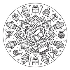 Cozy winter mandala with heart-shaped scarf, mittens, and festive gifts for coloring