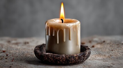 A candle is lit and dripping wax on a table. The candle is surrounded by a small tray