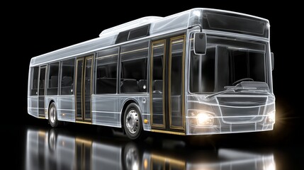 A bus is shown in a reflective surface, with its windows and doors visible. The bus is large and has a modern design, giving it a sleek and futuristic appearance