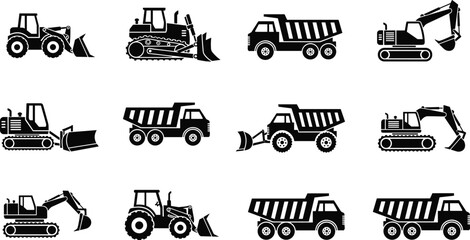 Construction machinery silhouettes set featuring excavators, bulldozers, wheel loaders and dump trucks for industrial engineering design projects © MstHalima