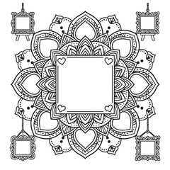 Intricate mandala design with heart-accented frames for custom text or photos