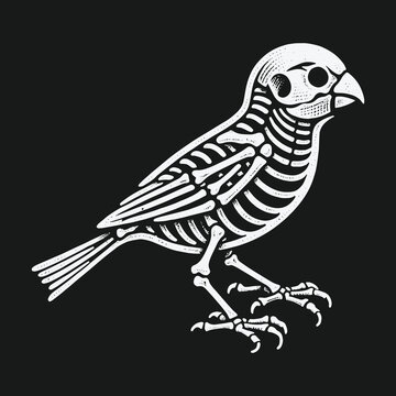 Monochrome bird skeleton vector illustration on dark background.