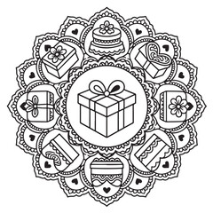 An intricate mandala design featuring various gift boxes and festive cakes for a joyful coloring experience