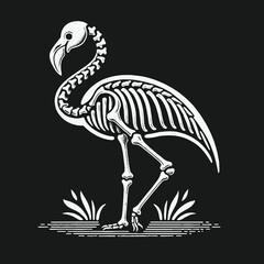 Vintage style flamingo skeleton illustration on black background.
