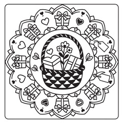 A delightful gift basket mandala coloring page featuring hearts, presents, and floral accents