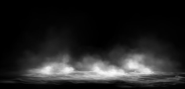 Gloomy sea night landscape. Thick fog, smoke, smog over the water surface at night. Light reflection over the water, waves. Night view. Vector illustration.