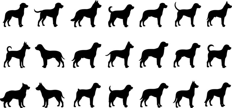Large collection of black dog silhouettes featuring various breeds and standing poses isolated on a white background, perfect for pet industry branding and animal graphics.